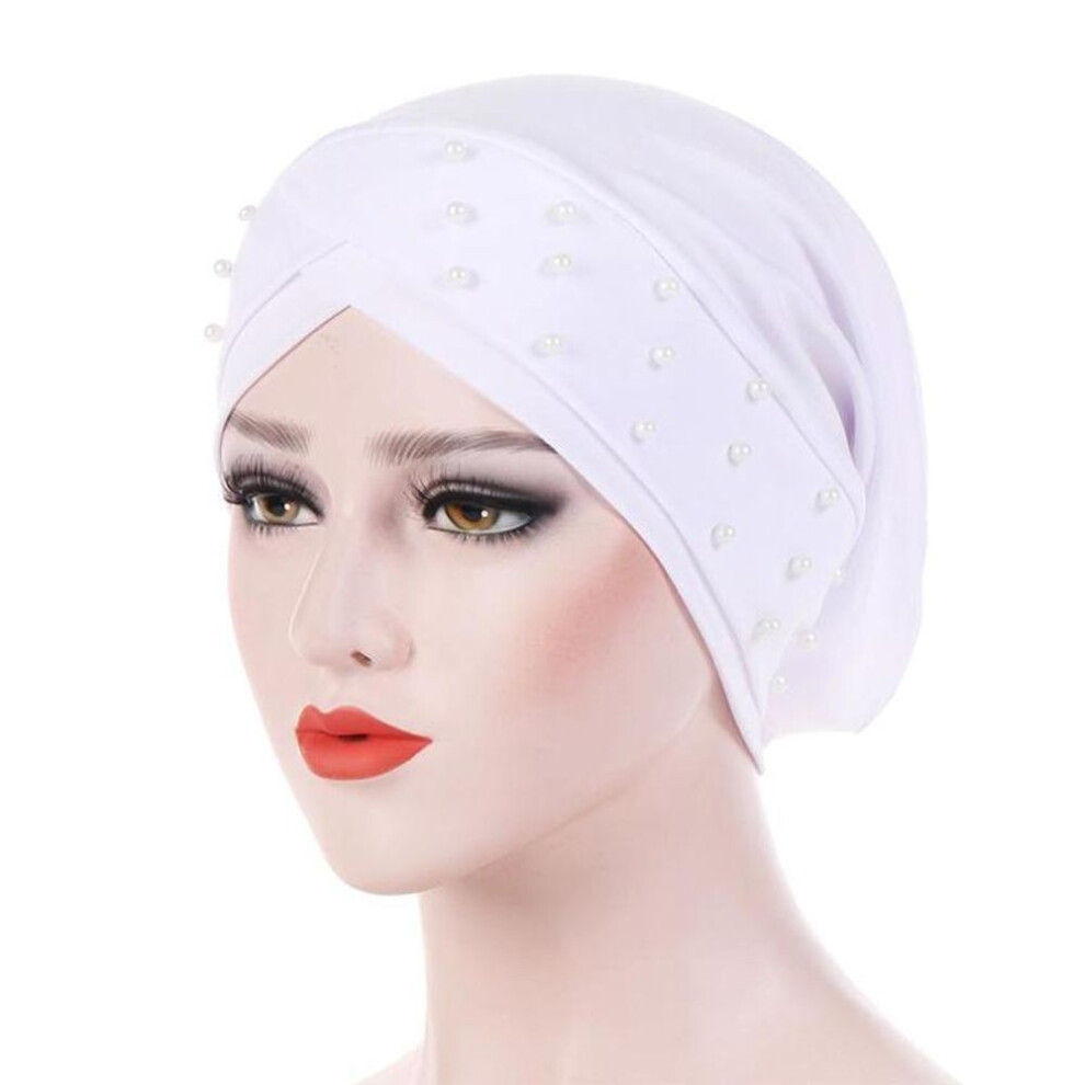 (One Size, white) Women Beads Turban Hat Muslim Cancer Chemo Hair Loss Cap Women Hijab Head Wrap