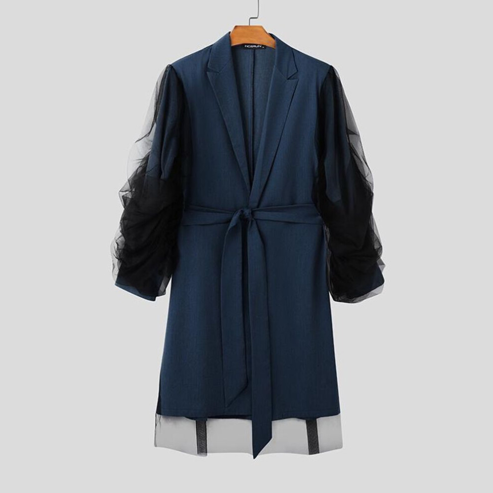 (blue, 2XL) INCERUN Men Ruffled Net Patchwork Long Sleeve Bandage Blazer Casual Party Long Coats