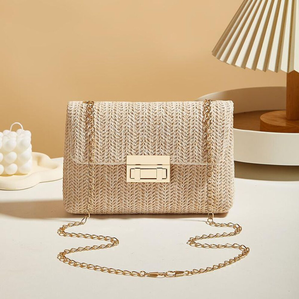 (beige, 21x5x14cm) Yogodlns Crossbody Bag For Women Chain Strap Summer Beach Straw Flap Handbag Stylish Accessory Shoulder Bag For Day-to-night Outfits