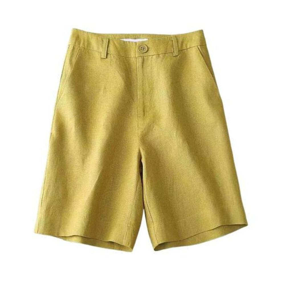 (yellow, M) Women Shorts High Waist Button Zipper Fly Casual Short Pants with Pockets Solid Color Loose Fit Knee-Length Shorts