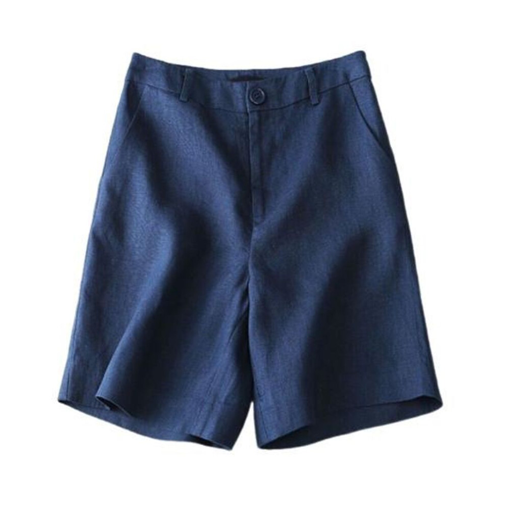 (navy blue, 2XL) Women Shorts High Waist Button Zipper Fly Casual Short Pants with Pockets Solid Color Loose Fit Knee-Length Shorts