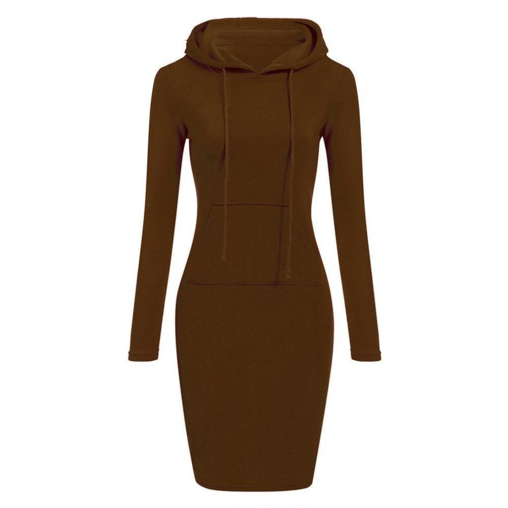 (coffee, L) Womens Long Sleeve Solid Patchwork O Neck Casual Long Hooded Sweatershirt Dress