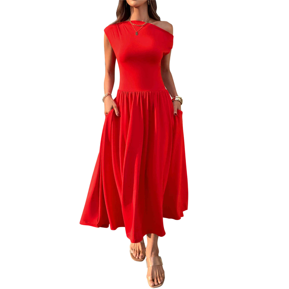Robe longue sans manches pour femme, asymétrique, décontractée, slim, plissée, avec poches, rouge, taille XL, été 2025