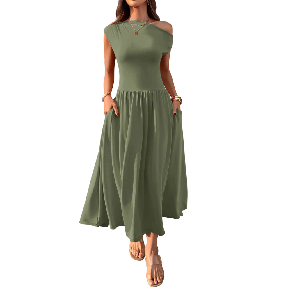 Robe longue sans manches pour femme, asymétrique, décontractée, slim, plissée, avec poches, vert, taille S, été 2025