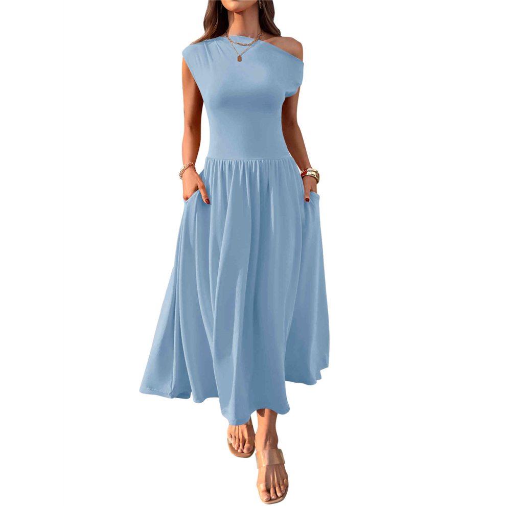 Robe longue sans manches pour femme, asymétrique, décontractée, slim, plissée, avec poches, été 2025, S