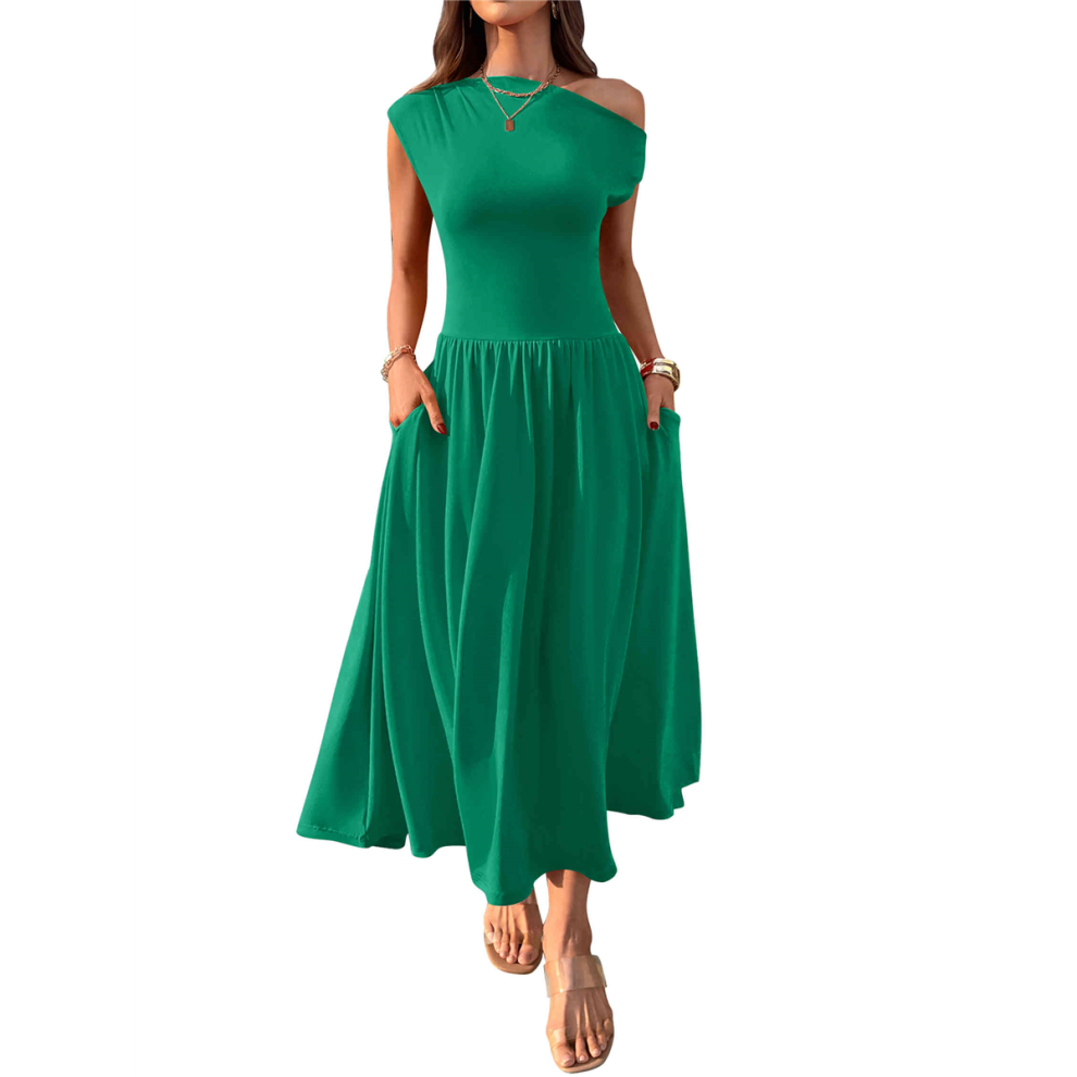 Robe longue sans manches pour femme, asymétrique, décontractée, slim, plissée, avec poches, vert, taille S, été 2025