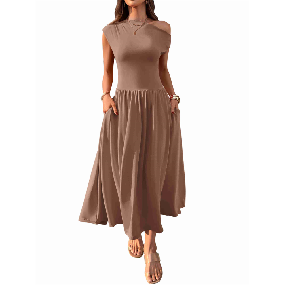 Robe longue sans manches pour femme, asymétrique, décontractée, slim, plissée, avec poches, couleur café, taille L, été 2025