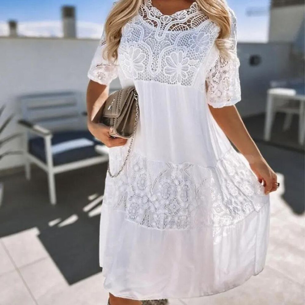 (white, M) Women's Lace Dress Loose Short Sleeved Dress Lace Maxi Casual Dresses