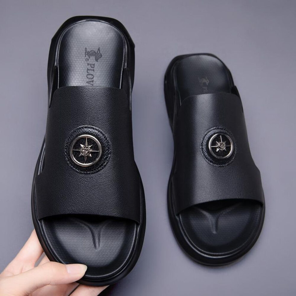 (black, 42) Men's Genuine Leather Summer Flip Flop Sandals - Outdoor Slippers & Shoes