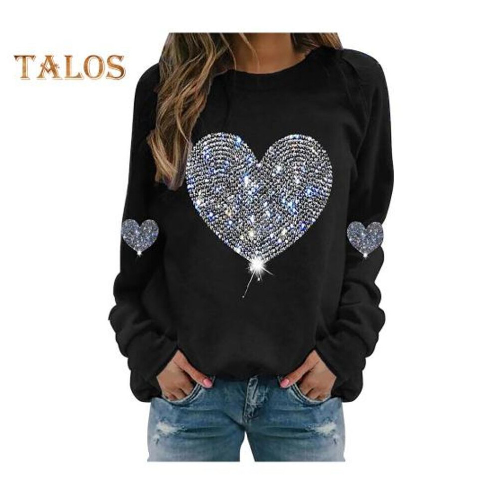 (XL, black) Women Tops Round Neck Long Sleeve Tee Shirt Shiny Sequins Heart Print Sweatshirt Spring Autumn Daily Wear