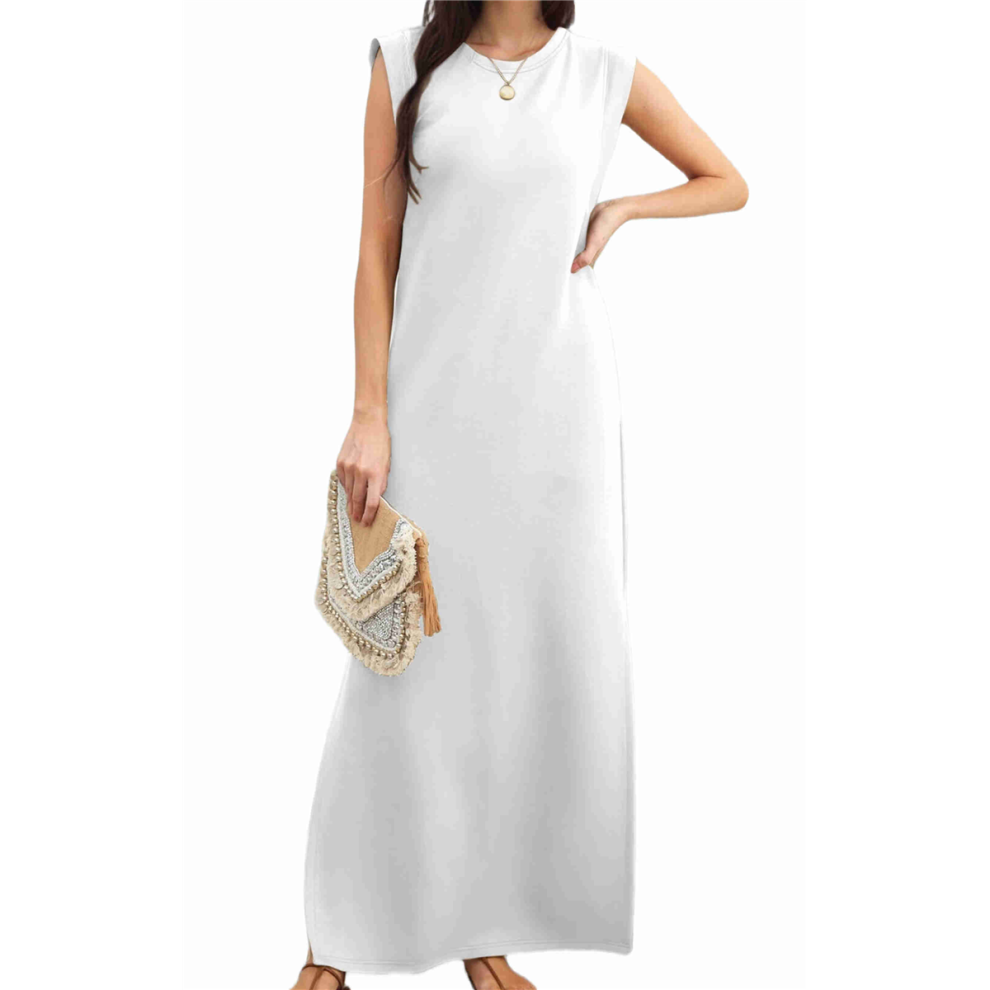 Robe longue d'été décontractée à col rond et fente pour femme, sans plis, avec poches, blanche, taille M, 2025