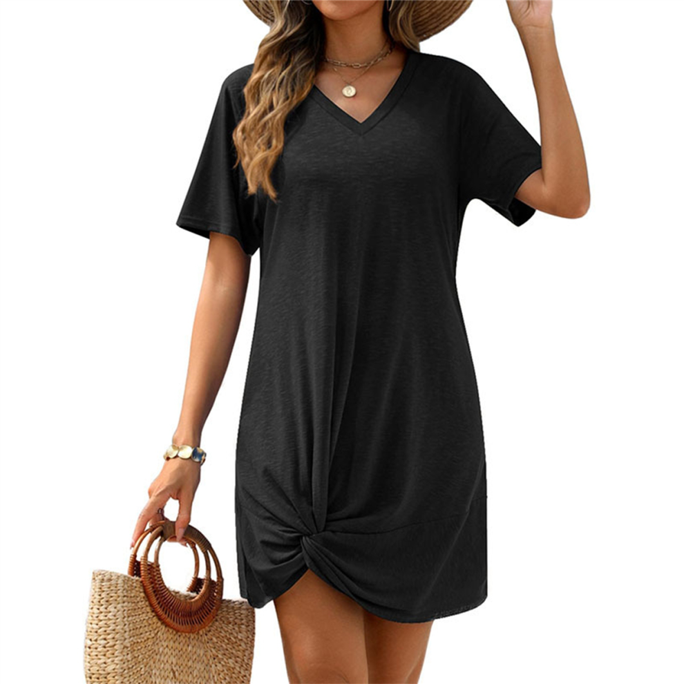 Robe d'été à manches courtes et col en V pour femme, noire, taille L