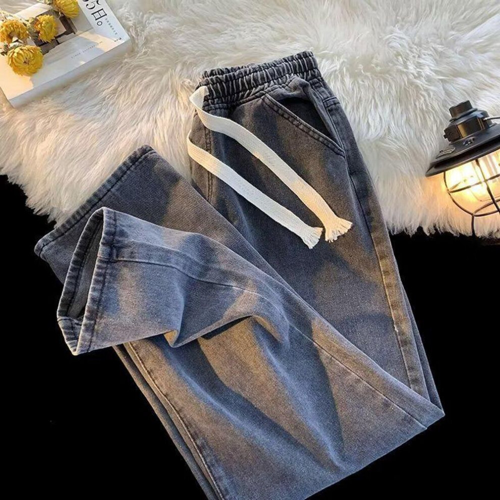 (dark gray, Medium) Men's 2024 Spring/Autumn Loose Straight Casual Jeans with Elastic Waist and Wide Leg Drawstring.