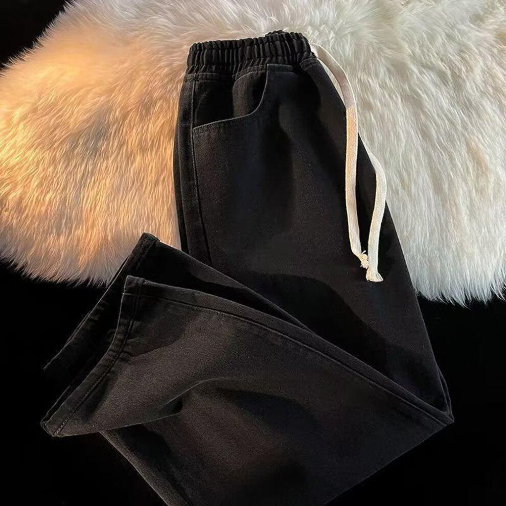 (black, Double Extra Large) Men's 2024 Spring/Autumn Loose Straight Casual Jeans with Elastic Waist and Wide Leg Drawstring.