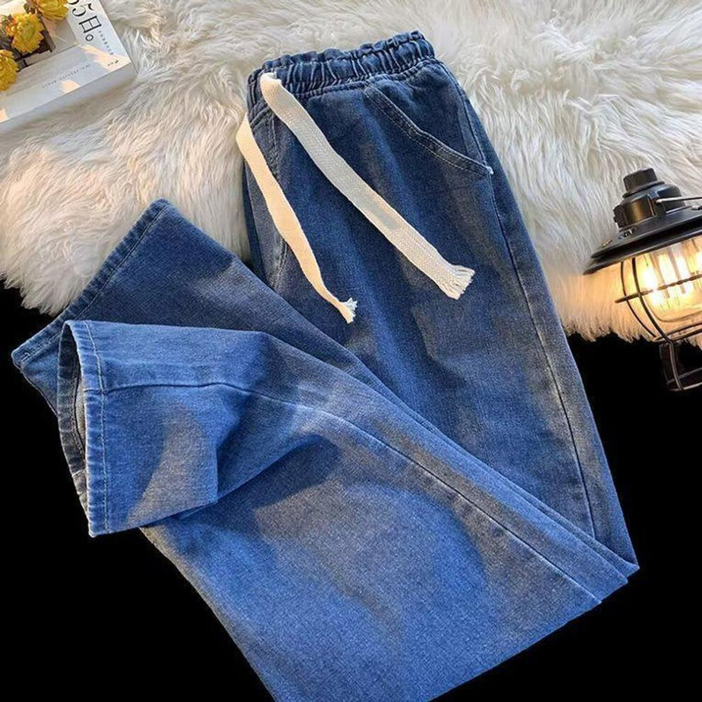 (dark blue, Double Extra Large) Men's 2024 Spring/Autumn Loose Straight Casual Jeans with Elastic Waist and Wide Leg Drawstring.