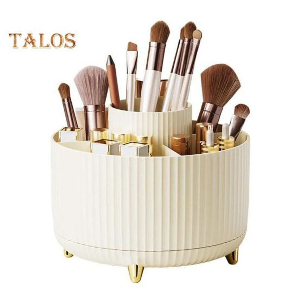 (beige) Makeup Brush Holder Large Capacity Multiple Compartments Multi-angle Rotating Countertop Cosmetic Organizer