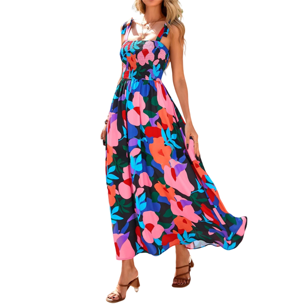 Dames Zomer Mouwloze Gesmokte Maxi-Jurk Boho Spaghettibandjes A-Lijn Zwierige Strand Lange Zomerjurk M-image