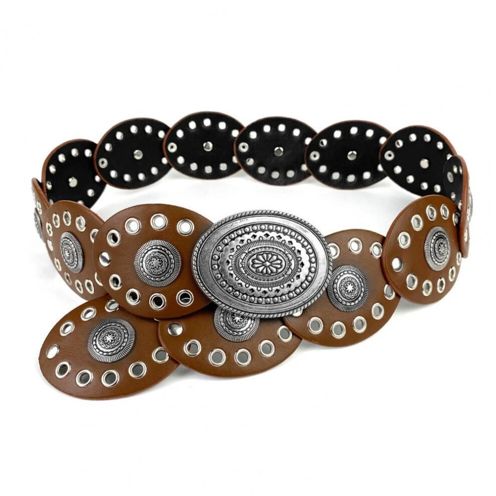 (coffee) Women Belt Round Buckle Wide Eyelets Faux Leather Adjustable Belt Exaggerated Round Shape Hollow Disc Waist Belt