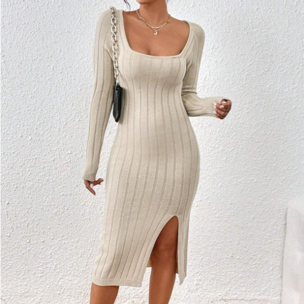 (apricot, M) Women's Spring Fall Long Sleeve Solid Color Sweater Dress Bodycon Square Neck Ribbed Knit Slit Midi Dresses for Women