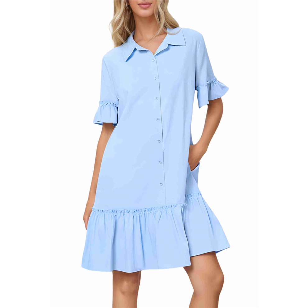 Robe chemise d'été boutonnée pour femme, décontractée, manches à volants, coupe droite, mini, avec poches, bleu clair, taille XL