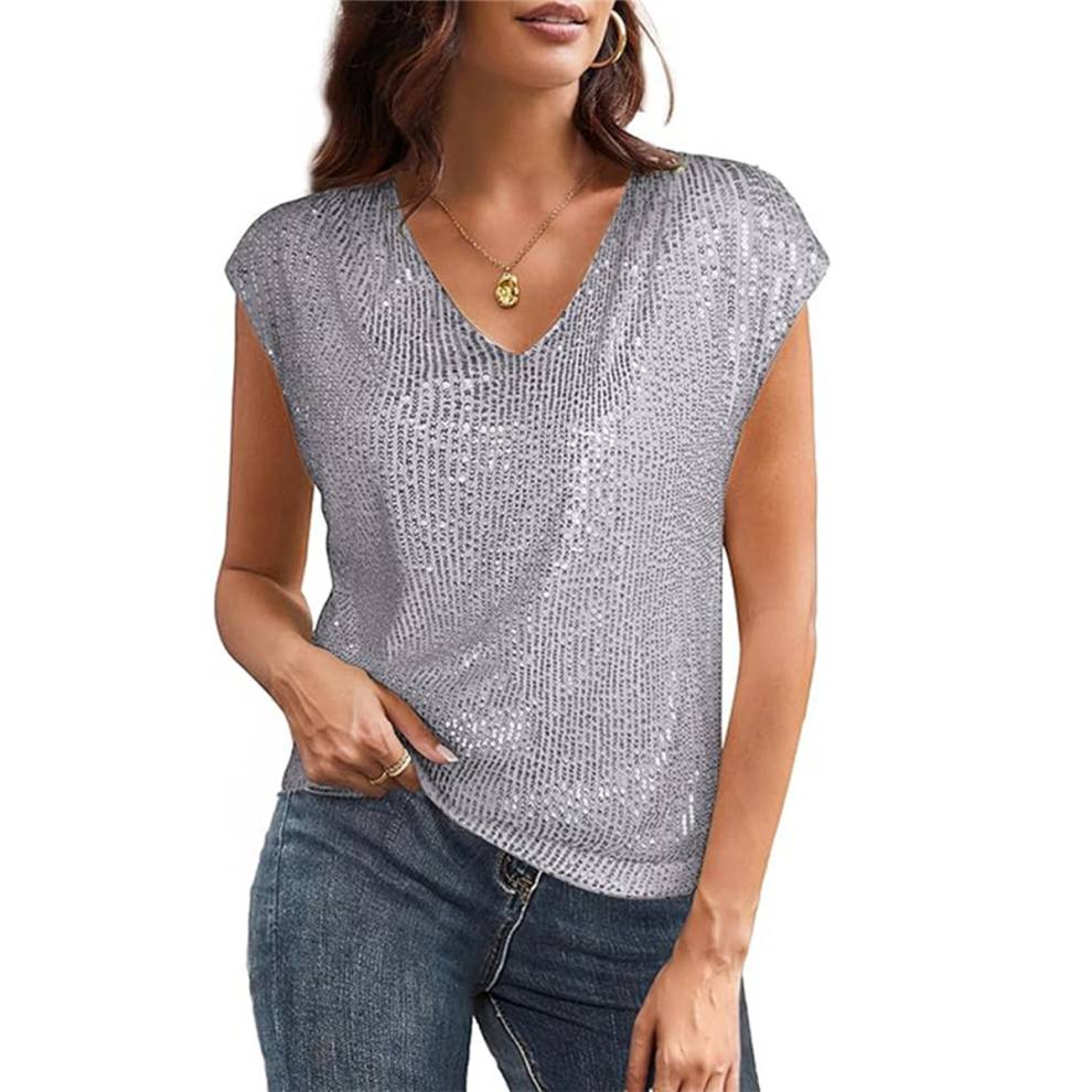 Top A Maniche Corte Con Paillettes E Scollo A V Per Donna, Canotta Elastica E Scintillante, Argento Xl-image