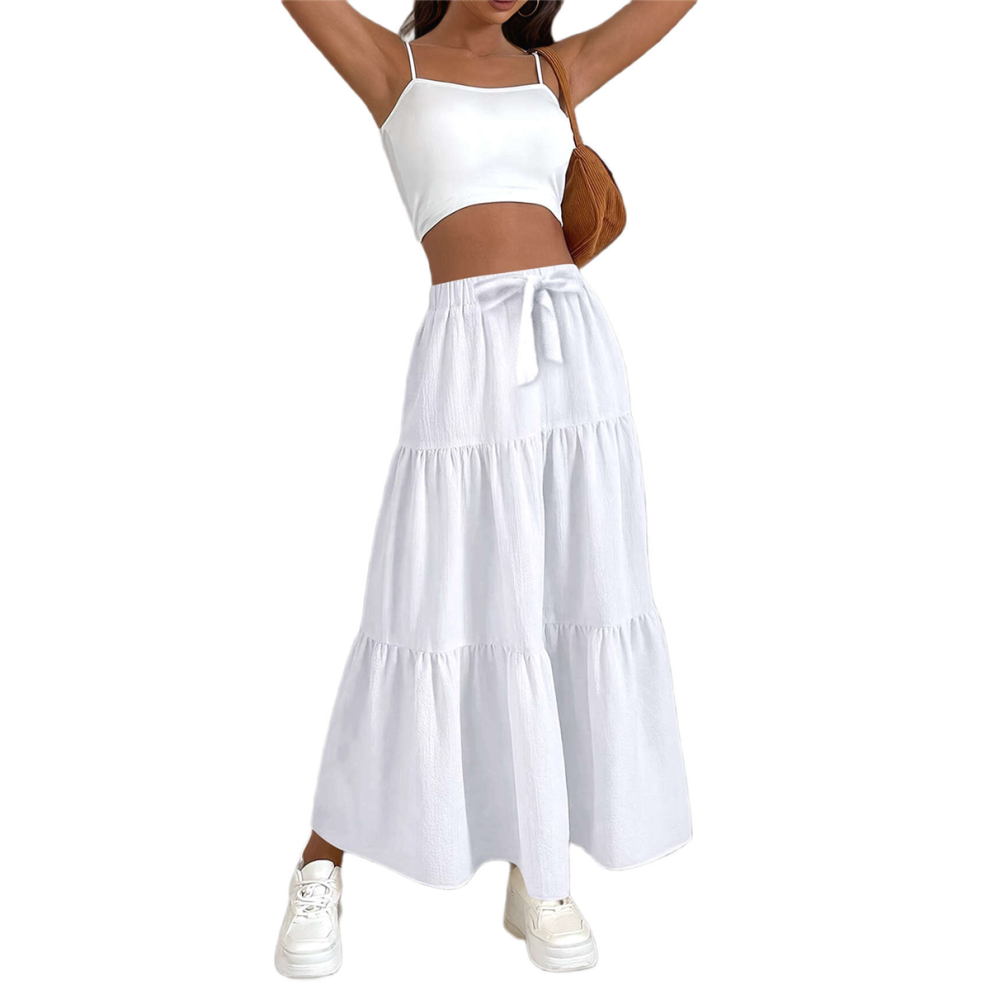 Jupe longue en lin fluide taille haute pour femme, style décontracté, plissée, coupe trapèze, avec lien, blanche, taille XL