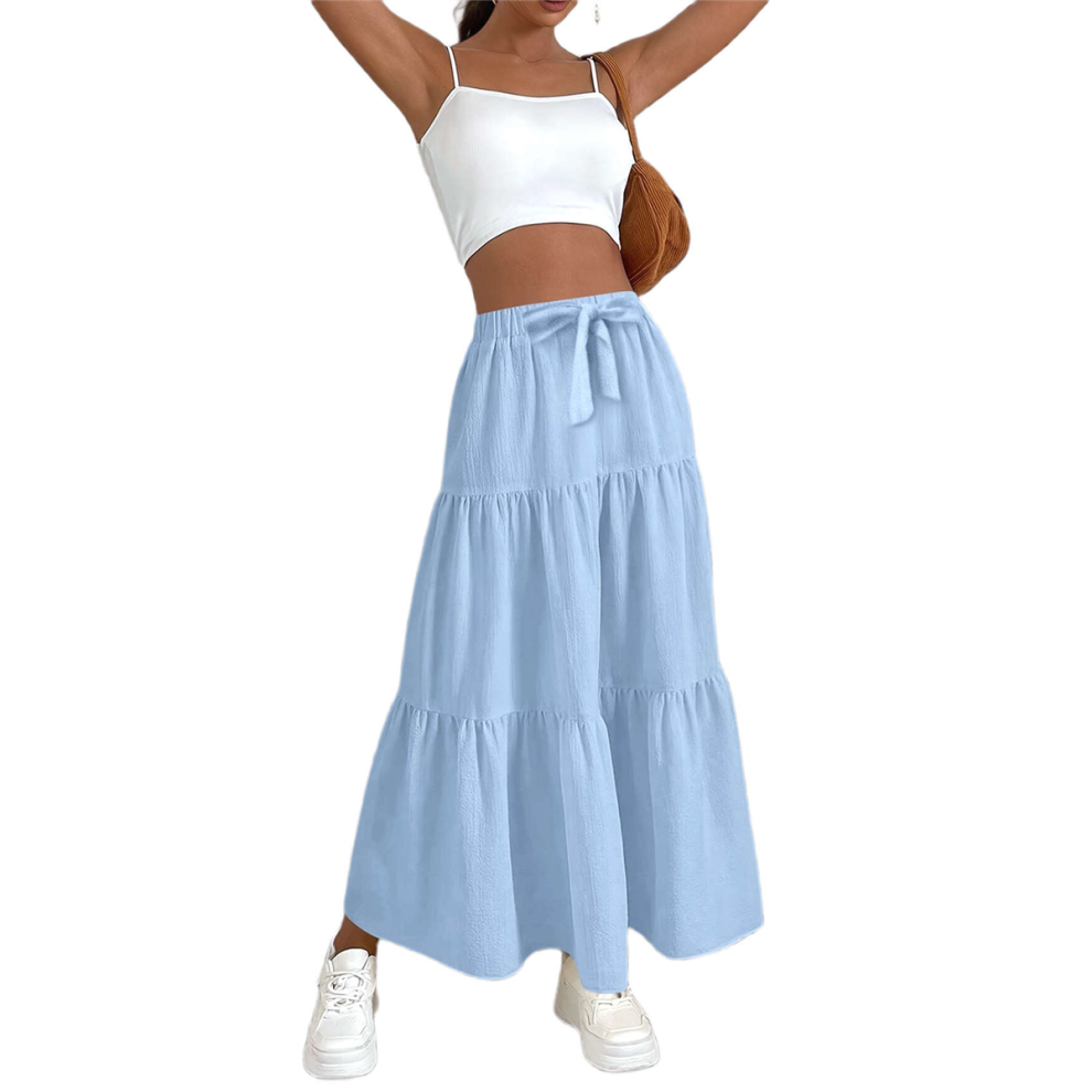 Jupe longue en lin fluide taille haute pour femme, style décontracté, plissée, coupe trapèze, avec lien, taille L