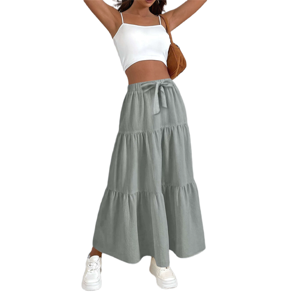 Jupe longue en lin fluide taille haute pour femme, style décontracté, plissée, coupe trapèze, avec lien, gris, taille XL
