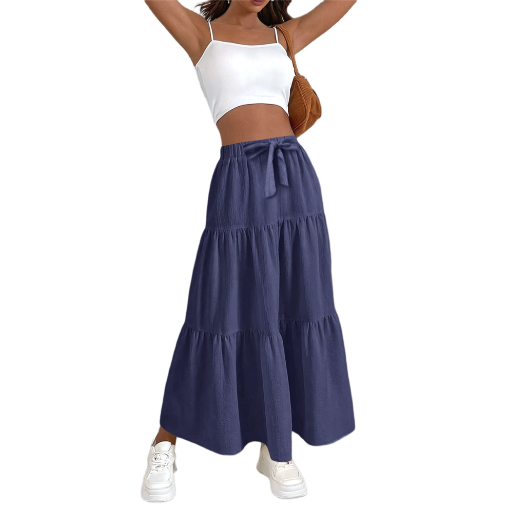 Jupe longue en lin fluide taille haute pour femme, style décontracté, plissée, coupe trapèze, avec lien, bleu marine, taille L