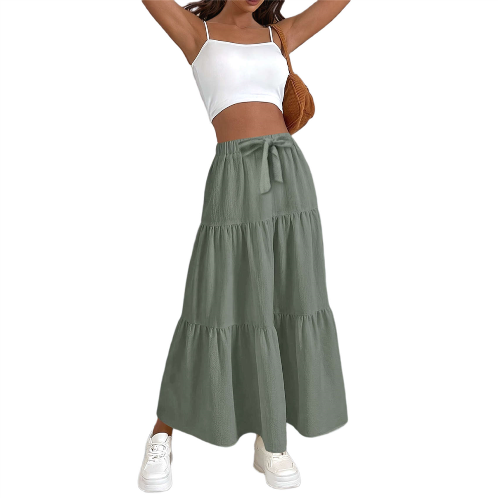 Jupe longue en lin fluide taille haute pour femme, style décontracté, plissée, coupe trapèze, avec lien, vert, taille XL
