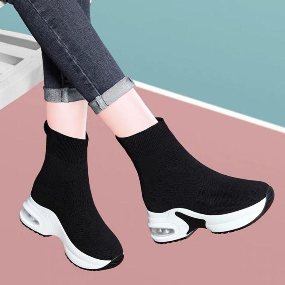 (black,white, 35) Women's Height-Enhancing Knit Sock Boots - Fashionable Mid-Tube for Autumn/Winter