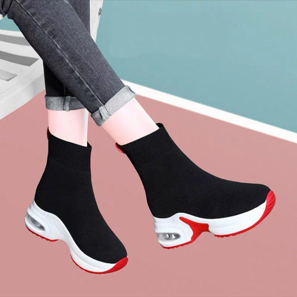 (black,red, 39) Women's Height-Enhancing Knit Sock Boots - Fashionable Mid-Tube for Autumn/Winter