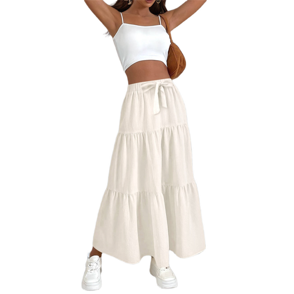 Jupe longue en lin fluide taille haute pour femme, style décontracté, plissée, coupe trapèze, avec lien, taille S