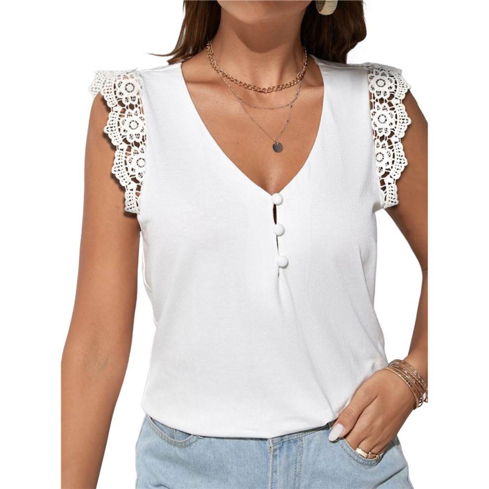 Damen T-Shirt Kontrast Guipure Spitze Halbknopf Tee Weiß Xxl-image