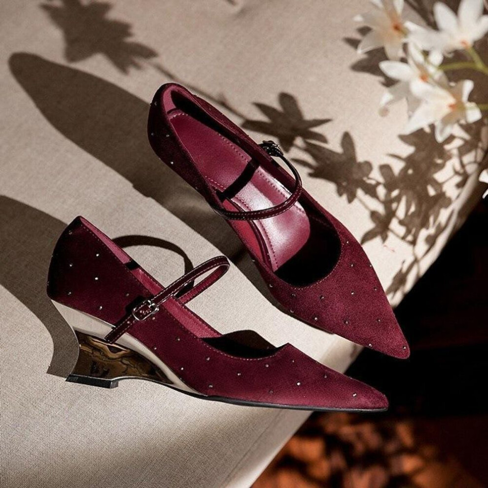 (red, 35) One-word buckle polka dot diamond temperament high heels women's burgundy high-end sense pointed Mary Jane slope heel single shoes women
