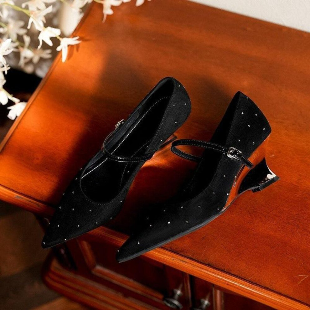 (black, 39) One-word buckle polka dot diamond temperament high heels women's burgundy high-end sense pointed Mary Jane slope heel single shoes women