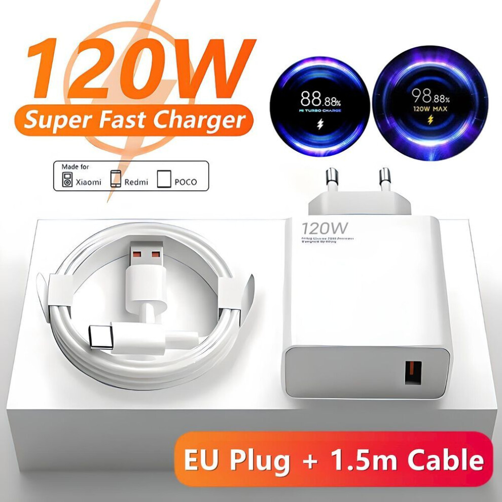 (as the picture, EU Plug - 1.5m Cable) 6a 120w Eu Fast Usb Wall Charger For Xiaomi 11 12 13 14 Ultra Redmi Note 10 11t 12 13 Poco F5 X5 Pro Type C Turbo Charging Cable