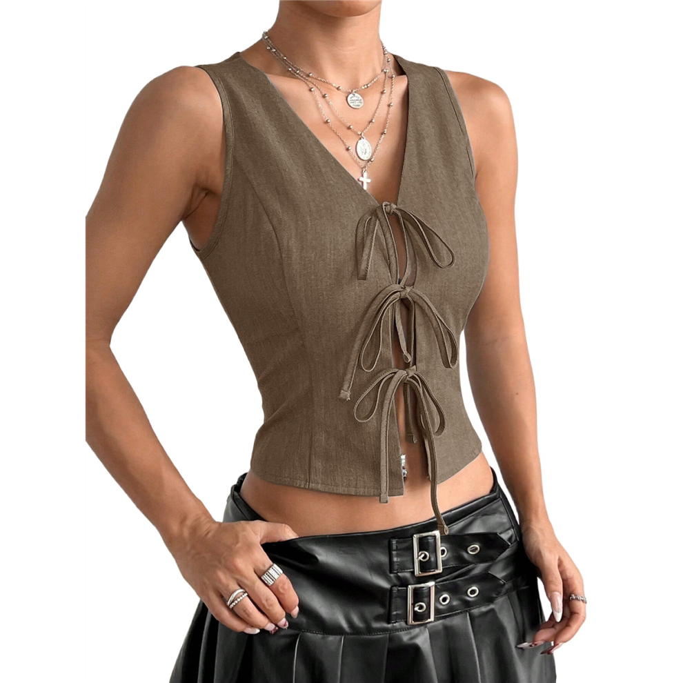 Débardeur court ouvert à nouer sur le devant pour femme, gilet d'été sans manches, tenues Y2K, chemise kaki, taille L
