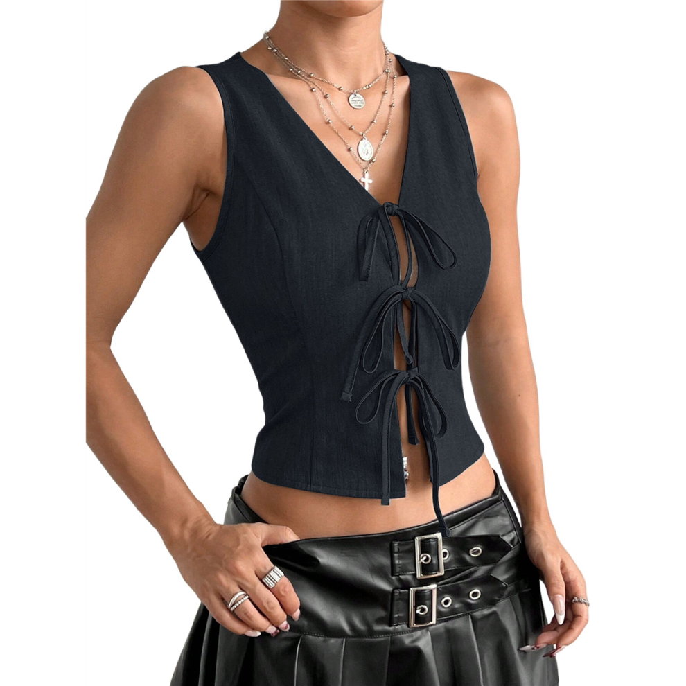 Débardeur court ouvert à nouer sur le devant pour femme, gilet d'été sans manches, tenues Y2K, chemise bleu marine, taille L