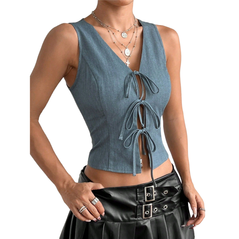 Débardeur court ouvert à nouer sur le devant pour femme, gilet d'été sans manches, tenues Y2K, chemise grise, taille M