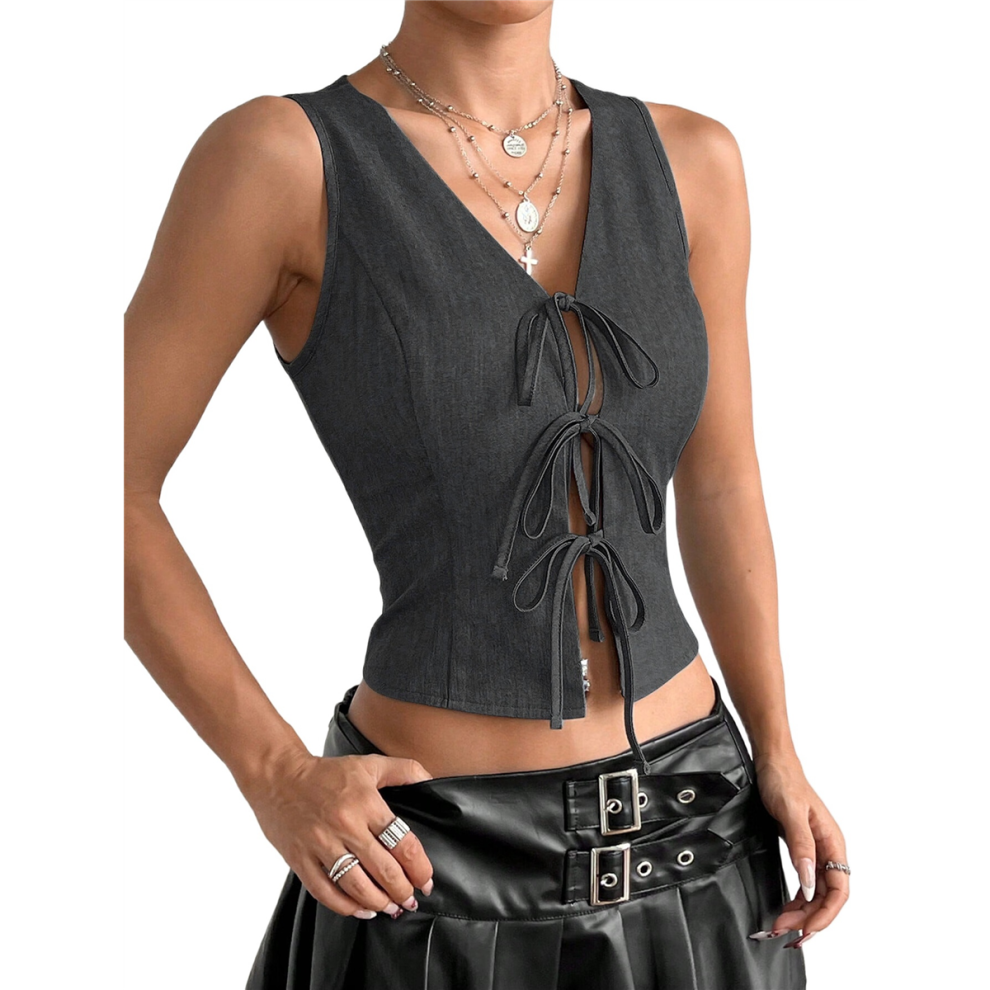Débardeur court ouvert à nouer sur le devant pour femme, gilet d'été sans manches, tenues Y2K, chemise gris foncé, taille M