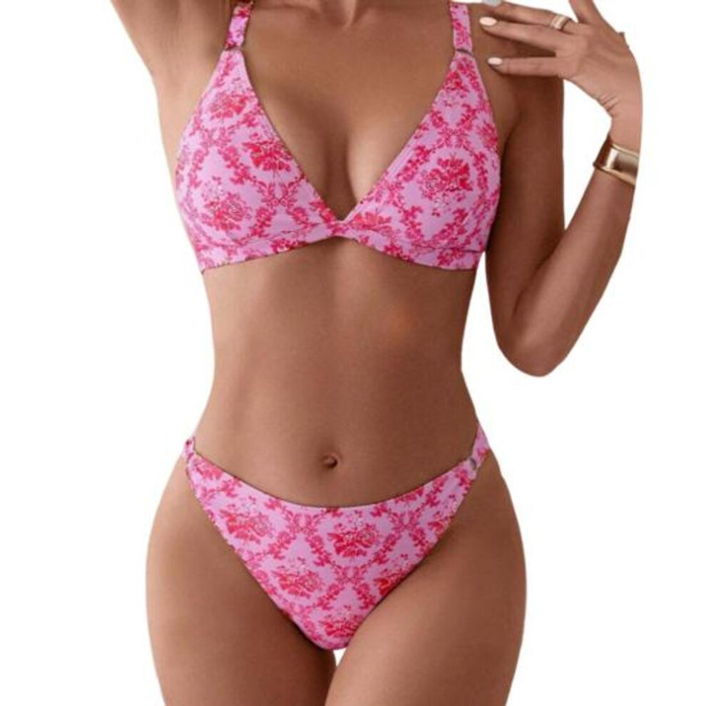 (S, pink) 2Pcs/Set Sexy Bikini Set Floral Print Triangle String High Cut Swimsuit Adjustable