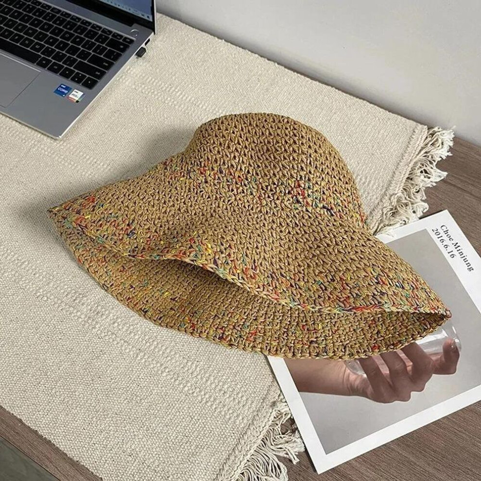 (coffee, 1pc) Hollow Out Rainbow Straw Hat Women Wide Brim Colorful Braided Sun Protection Bucket Hat Summer Shade Seaside Vacation Beach Hats