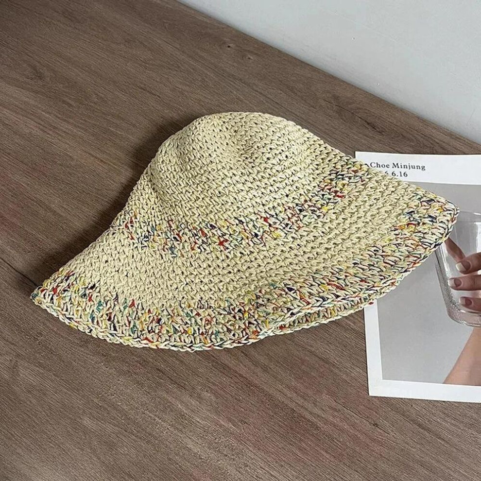 (beige, 1pc) Hollow Out Rainbow Straw Hat Women Wide Brim Colorful Braided Sun Protection Bucket Hat Summer Shade Seaside Vacation Beach Hats