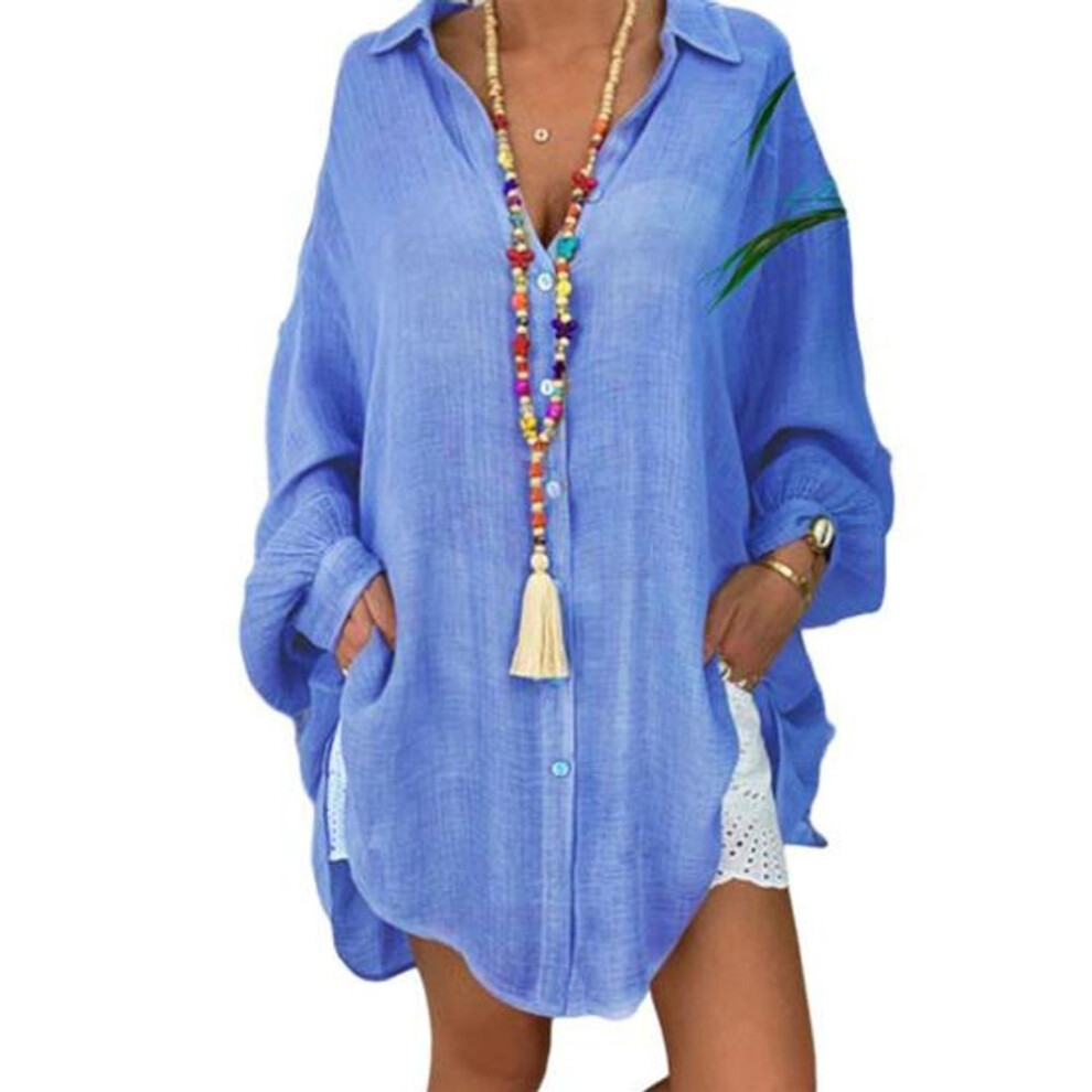 (XL, blue) Women Shirt Lapel Long Sleeve Single Breasted Casual Shirt Solid Color Loose Fit Mid-length Shirt Daily Wear