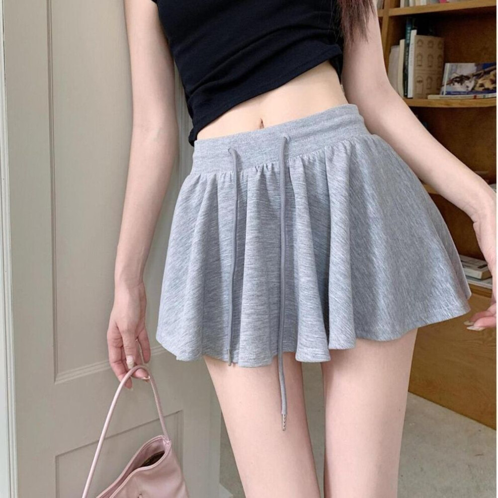 (S, grey) Girls Sports Style Drawstring Skirt for Women Summer Casual Slimming Vintage High Waist Pleated Mini Skirts