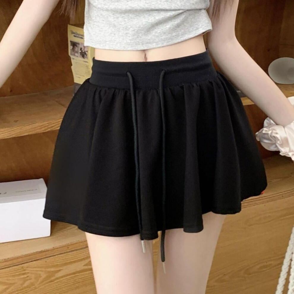 (S, black) Girls Sports Style Drawstring Skirt for Women Summer Casual Slimming Vintage High Waist Pleated Mini Skirts