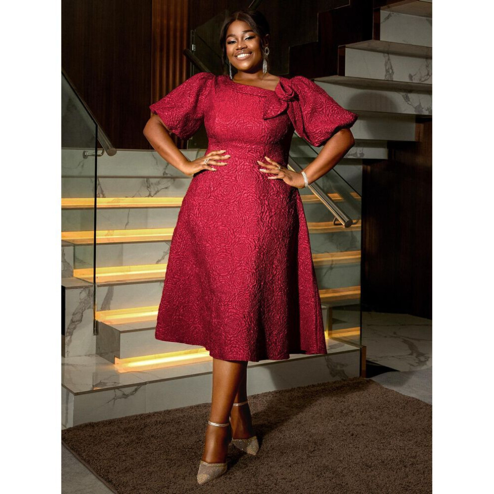 (red, 3XL) AOMEI Jacquard A Line Midi Dresses Irregular Neck 3D Flower Women Puff Sleeve Evening Party Event Gowns Dress
