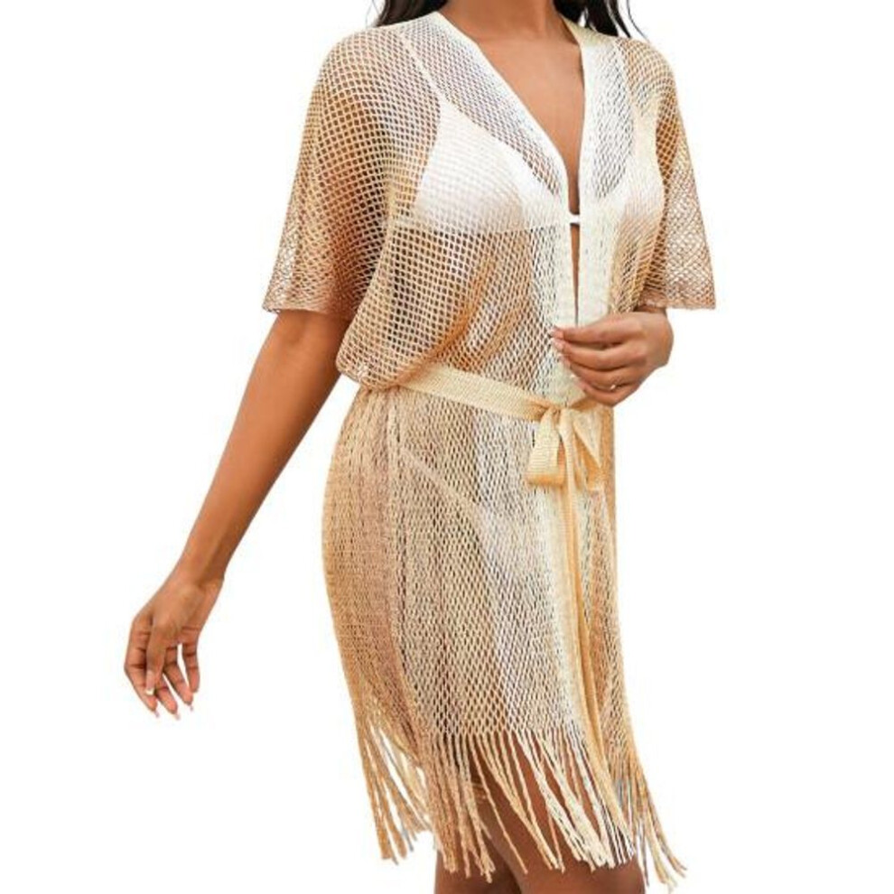 (golden) Women Beach Dress Hollow Out Fishnet Lace-up Strap Beachwear with Tassel Gradient Color