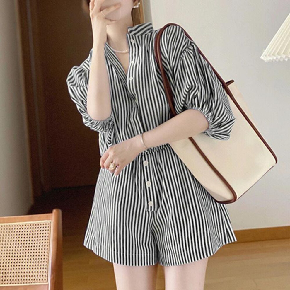 (M, black) VONDA Women Summer Shirt Collar Puff Short Sleeve Striped Jumpsuits